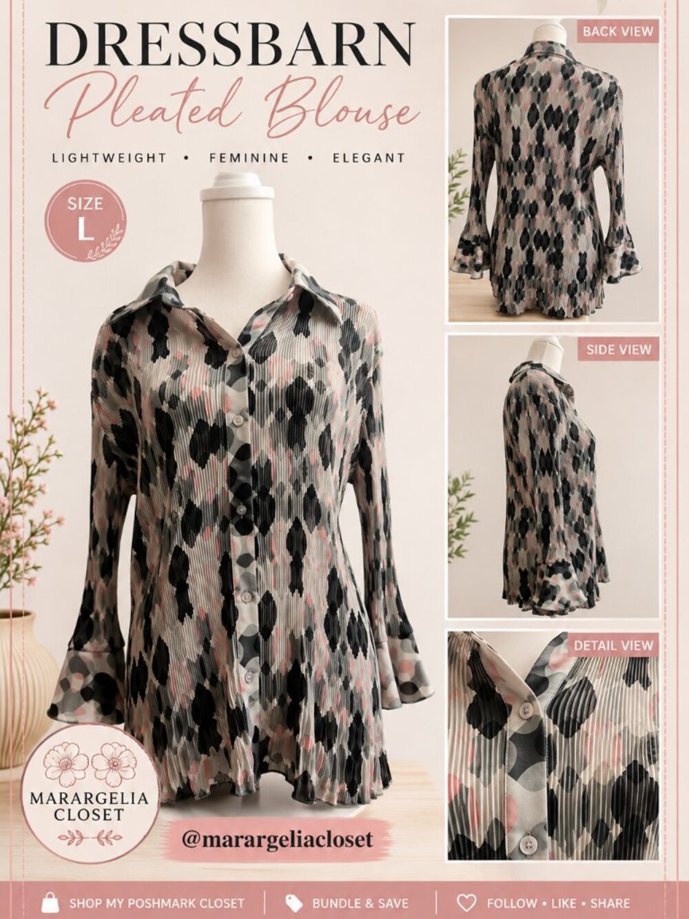 Dressbarn Retro Geometric Pleated Blouse Flare Sleeve Button Up Large